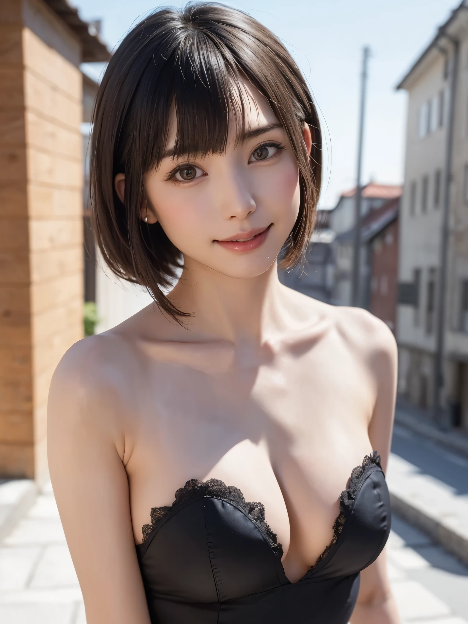 (​masterpiece, top-quality),1girl in, 独奏, hyper realisitic, Photorealistic,realisitic, looking at the viewers, brown eyes of light color:1.4,Brunette short bob hair with highly detailed shiny hair, Winter clothes in bright colors, lepangas:1.4), plein air, a closed mouth, The upper part of the body、big eye、Lashes、{Gigantic|Big|Huge|Mega} breasts:1.4, cleavage:1.4、(((big eye、Short bob hair、Intense highlights of the pupils、gazing at viewer、She is a very beautiful and cute beauty、Put your ears out、long neck、smil、Close your mouth and smil、bangs beautiful teeth)))、Ideal ratio body proportions、（Snow-covered tree-lined streets in Norway in winter）、美しいlong neck:1.4%