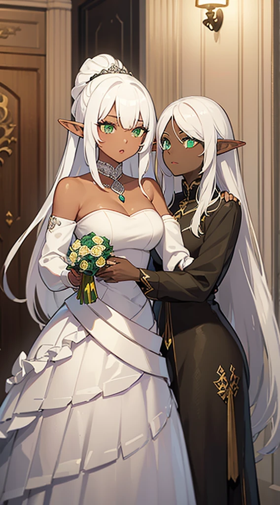 (((I want an elf woman with dark skin, white hair and lightly detailed green eyes, with full breasts and a beautiful body, wearing a detailed white wedding dress, And on her face a shy expression but with a gentle smile while holding a bouquet of roses)))