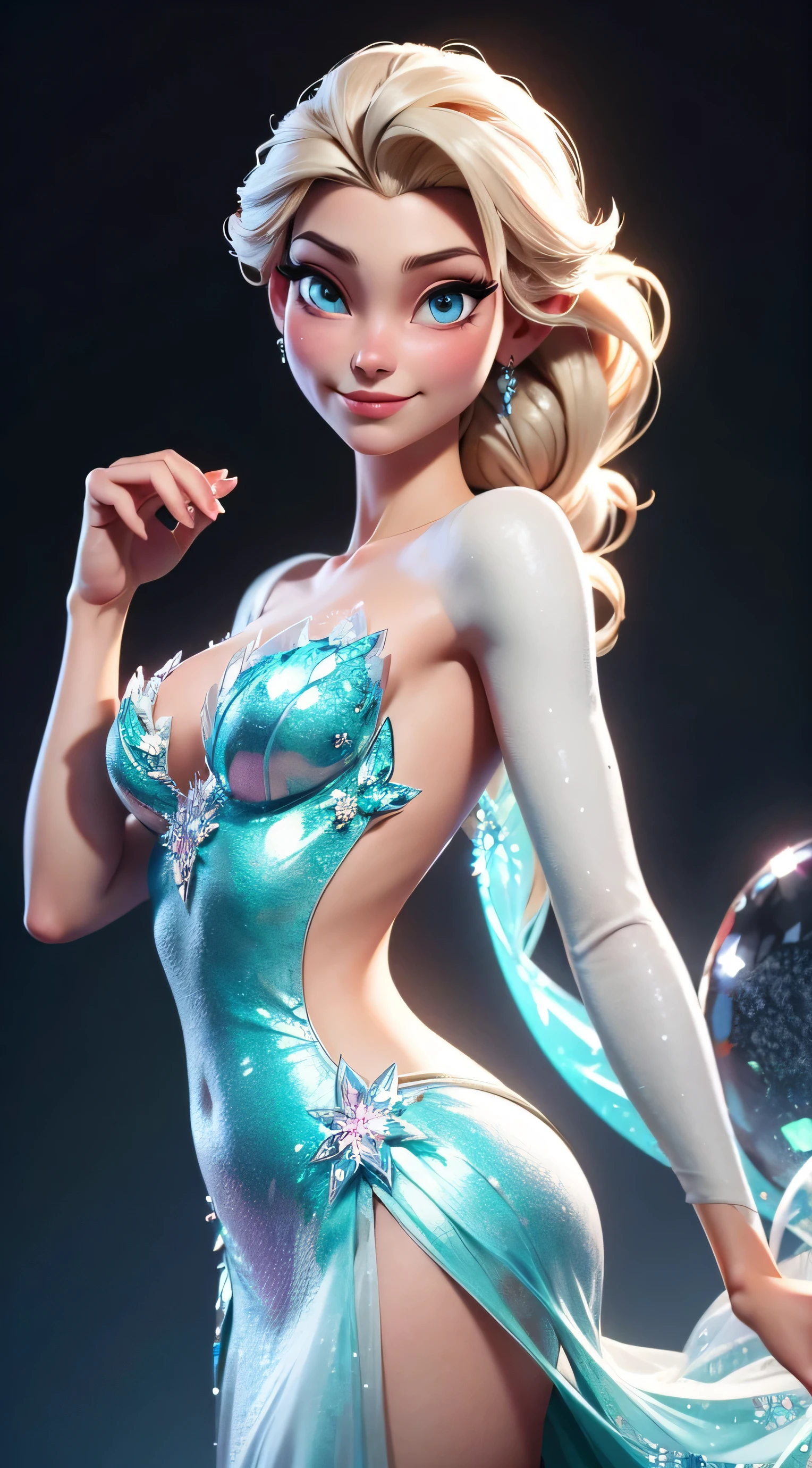 Envision Elsa in a graceful pose,  crystal chest  chest Elsa, cute smile, serious and cute smile, beautiful elsa, ,  her back partially arched, showcasing the elegance of her Blue Diamond (Crystal) Dress from Frozen. This scene is inspired by the LORA Model Elsa, capturing the beauty of a realistic animated 3D representation. The image is a partial back arch, chest up, highlighting the intricate details of Elsa's dress and the regal posture of the Frozen queen. With lifelike realism, Elsa's expression and pose convey a sense of enchantment and grace,