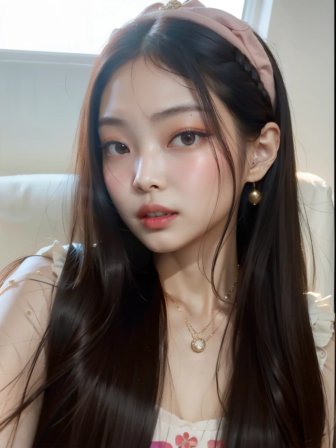 un primer plano de una mujer con cabello largo y una diadema rosa, Joven y adorable rostro coreano, ulzzang, con cabello largo y ojos penetrantes, 8k selfie photograph, Jaeyeon Nam, Jinyoung Shin, Wan adorable cara coreana, Modelo IG | Artgerm, con cara linda - fina -, Hermosa joven coreana, Cara delicada y encantadora