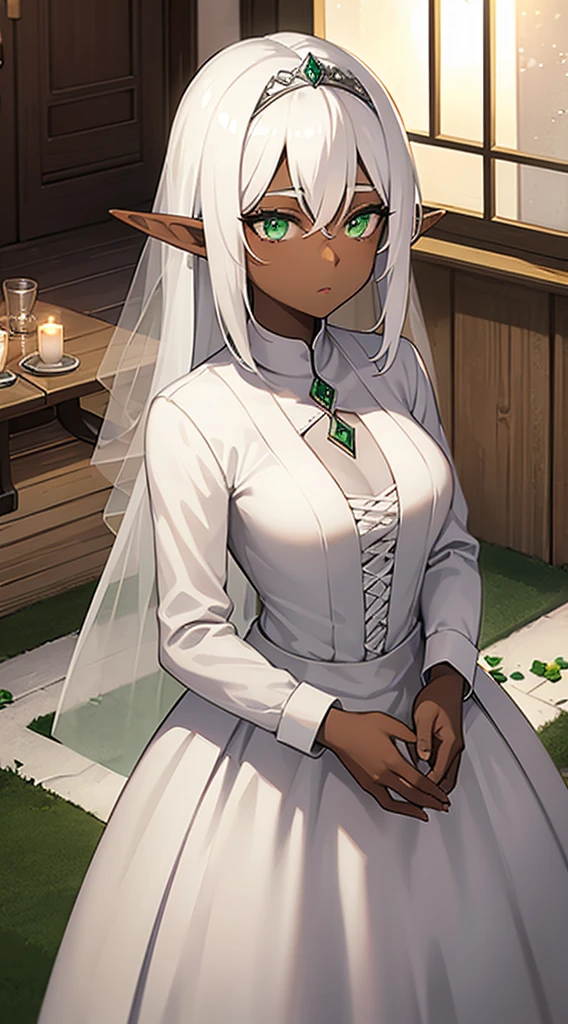 ((Dark Skin)),((Elf Woman)),((White Hair)),((Green Eyes)), ((wedding dress))