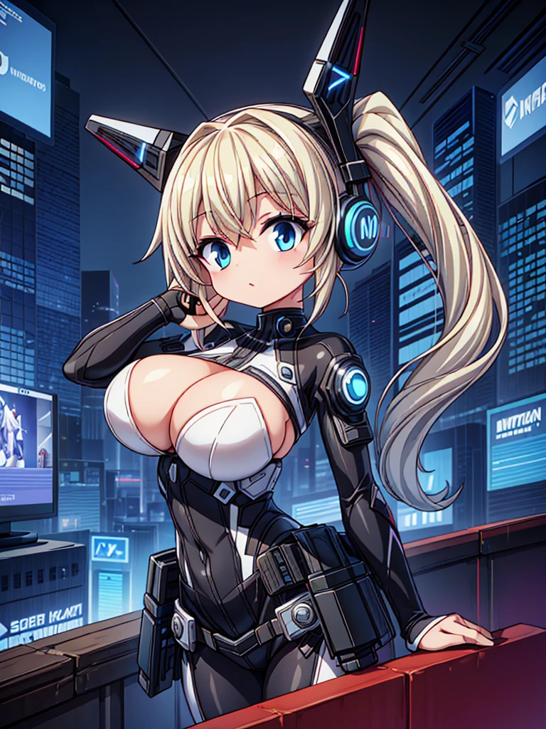 4K,hight resolution,One Woman,White blonde hair,poneyTail,head phone,Colossal tits,ninjartist,White Cybersuit,Cyberpunk Handgun,underground city