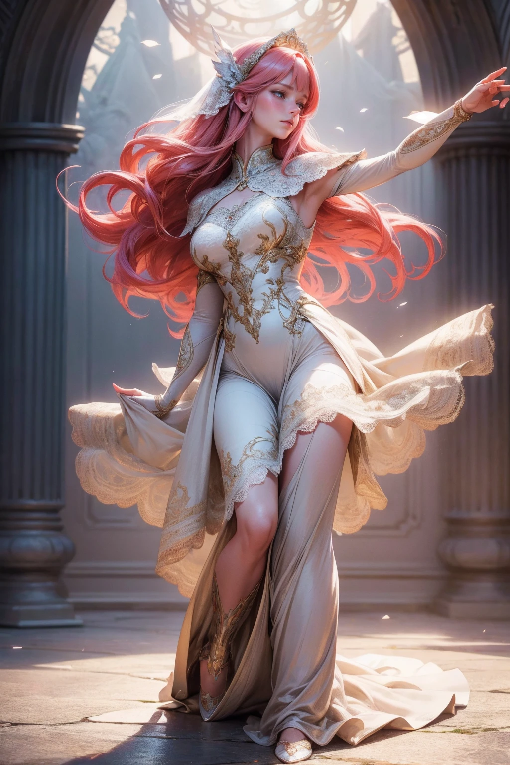 {-erro_de_anatomia:1.0}(best quality,4k,8k,highres,masterpiece:1.2), ultra-detailed, (realistic,photorealistic,photo-realistic:1.37), mature milf, illyasviel von einzbern, redhead hair, full body, vibrant colors, glowing skin, mesmerizing eyes, elegant pose, enchanting background, delicate lace dress, surreal lighting, ethereal atmosphere, mystical aura, intricate details, artistic medium, digital illustration, fantasy, anime, dancing litghtly