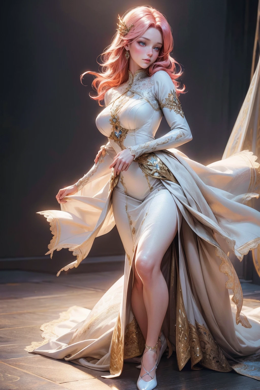 {-erro_de_anatomia:1.0}(best quality,4k,8k,highres,masterpiece:1.2), ultra-detailed, (realistic,photorealistic,photo-realistic:1.37), mature milf, illyasviel von einzbern, redhead hair, full body, vibrant colors, glowing skin, mesmerizing eyes, elegant pose, enchanting background, delicate lace dress, surreal lighting, ethereal atmosphere, mystical aura, intricate details, artistic medium, digital illustration, fantasy, anime, dancing litghtly