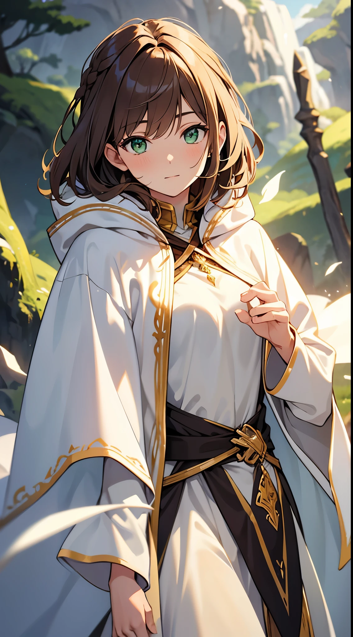 [[[ ultra-detailed, best quality, soft skin, beautiful, 4K]]], Green eyes, brown hair, medium hair, hairstyle, druid, white cloak, fit body, fantasy inn, dynamic angle