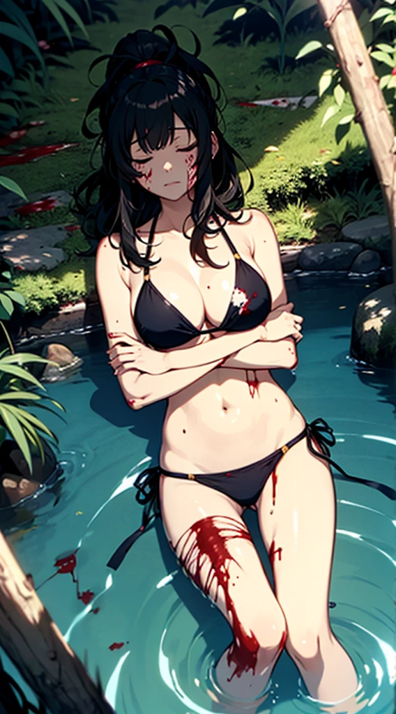 Anime girl wearing a string bikini,Black Hair, long-haired, long ponytail,มีBlood stains on the body.... Blood stains on bikini Blood stains on arms and legs, Blood stains on the body..,Sleeping dead in the deep forest,