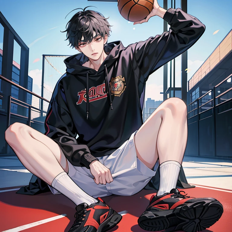 1 Korean young men，male people，20yr old，tall，Height 180 cm，Hair is medium length，Purple sweatshirt，Black  shorts，White high top basketball shoes，White sport socks，Sit on the basketball court，Feet reach for the lens，Point to shoeadass anime 4k ，POV perspective，arrogant，Cold，looks into camera，