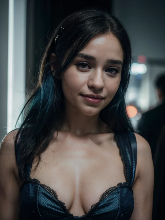 (best quality,4k,8k,highres,masterpiece:1.2),ultra-detailed,(realistic,photorealistic,photo-realistic:1.37),portrait,party scene,woman,21 years old,happy smile,blue hair,fishnet dress,Emilia Clarke-like facial features,beautiful detailed eyes,beautiful detailed lips,longeyelashes,neon colors,no lighting, dark room, crowd in the background