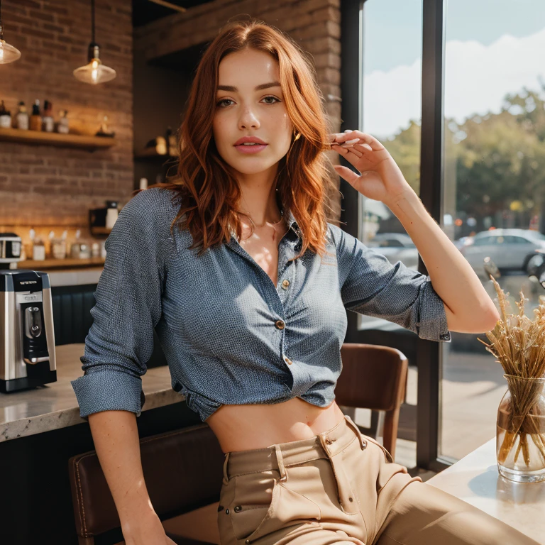 a photo of a seductive woman with loose styled redhead hair, posing in coffee shop, she is wearing Button-up Shirt and Trousers, intricate details, goosebumps, flawless face, shy, prude, (light freckles:0.9), ((photorealistic):1.2), raw