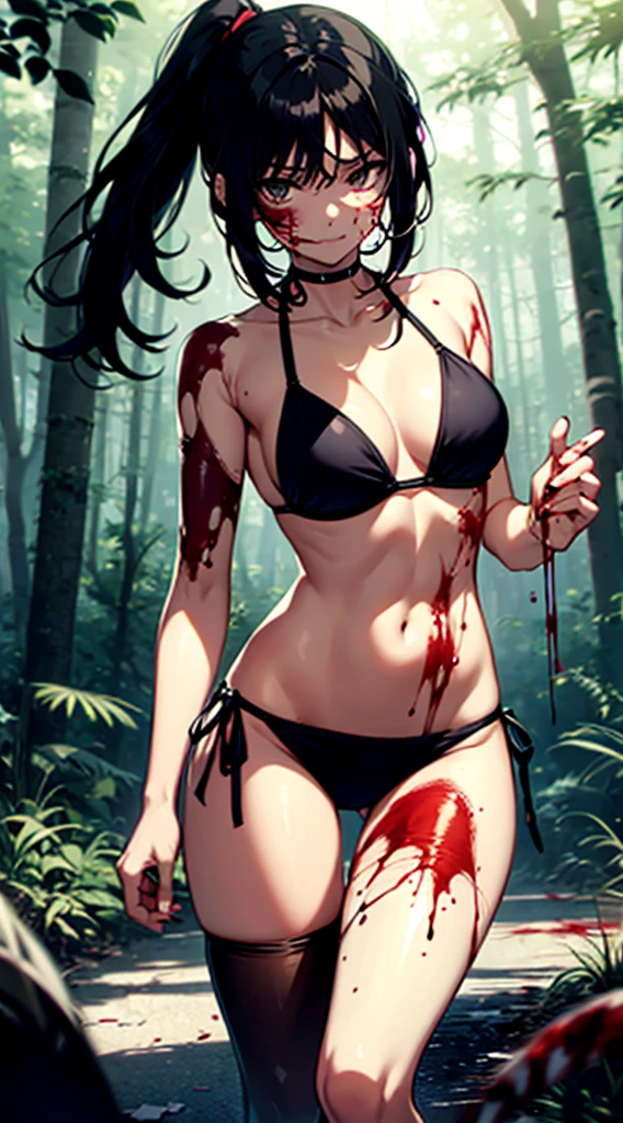 Anime girl wearing a string bikini,Black Hair, long-haired, long ponytail,มีBlood stains on the body.... Blood stains on bikini Blood stains on arms and legs, Blood stains on the body..deep in the forest,