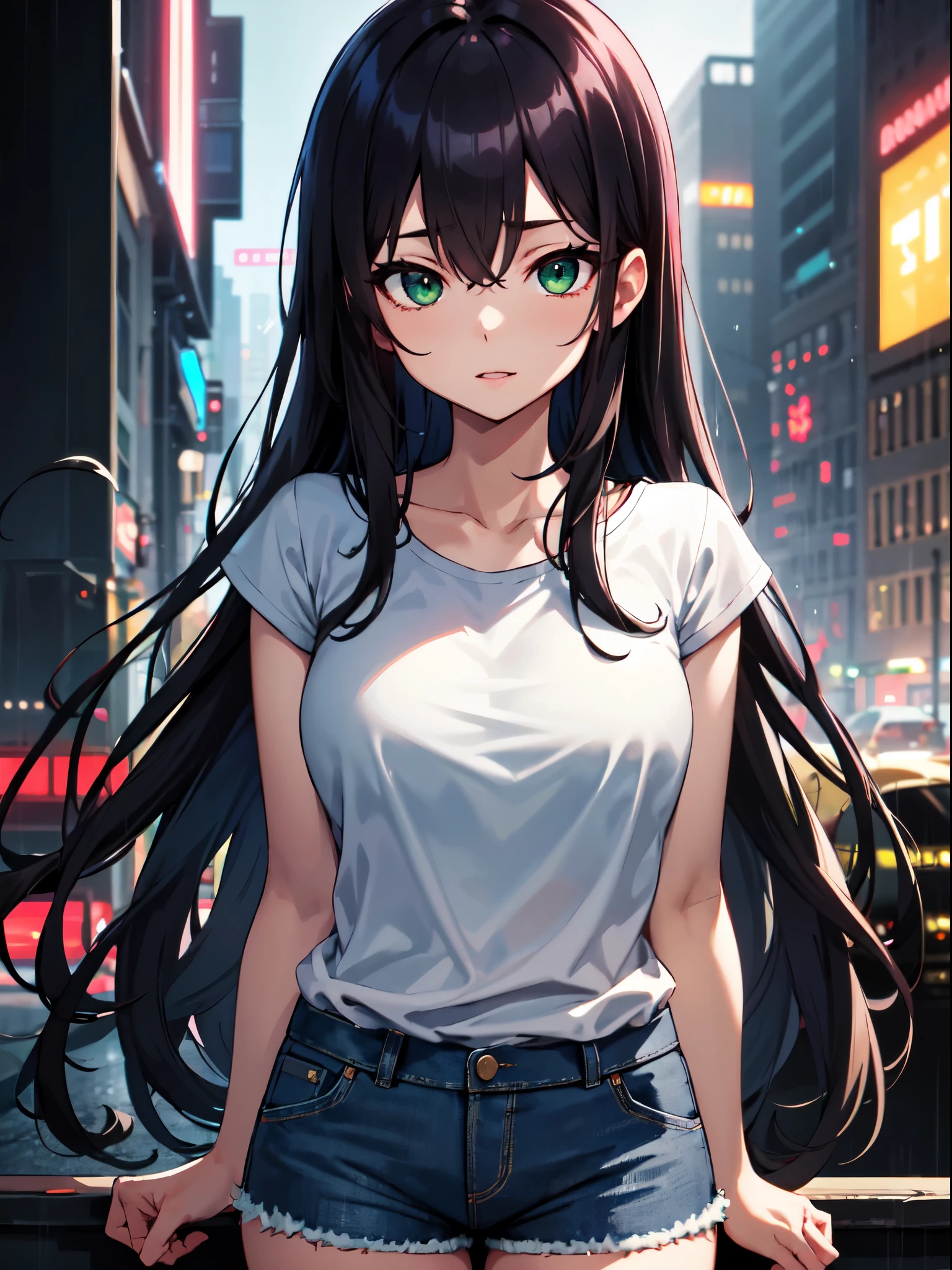 masterpiece, best quality, 1 girl, long hair, green eyes, wearing plain white shirt, denim shorts, rain, facing to the viewfinder, bright, warm lighting, intense, high res, 8k, cyberpunk