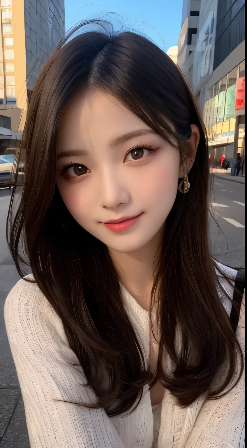 masutepiece, Best Quality, Illustration, Ultra-detailed, finely detail, hight resolution, 8K Wallpaper, Perfect dynamic composition, Beautiful detailed eyes, Winter dress,Medium Hair, Small breasts, Natural Color Lip,Smile,Big city、20 years girl、Midnight、beautifull detailed face、Perfect and beautiful face、slim face and style,Spread your arms wide,Big eyes,Take a photo from below the knees at a face angle