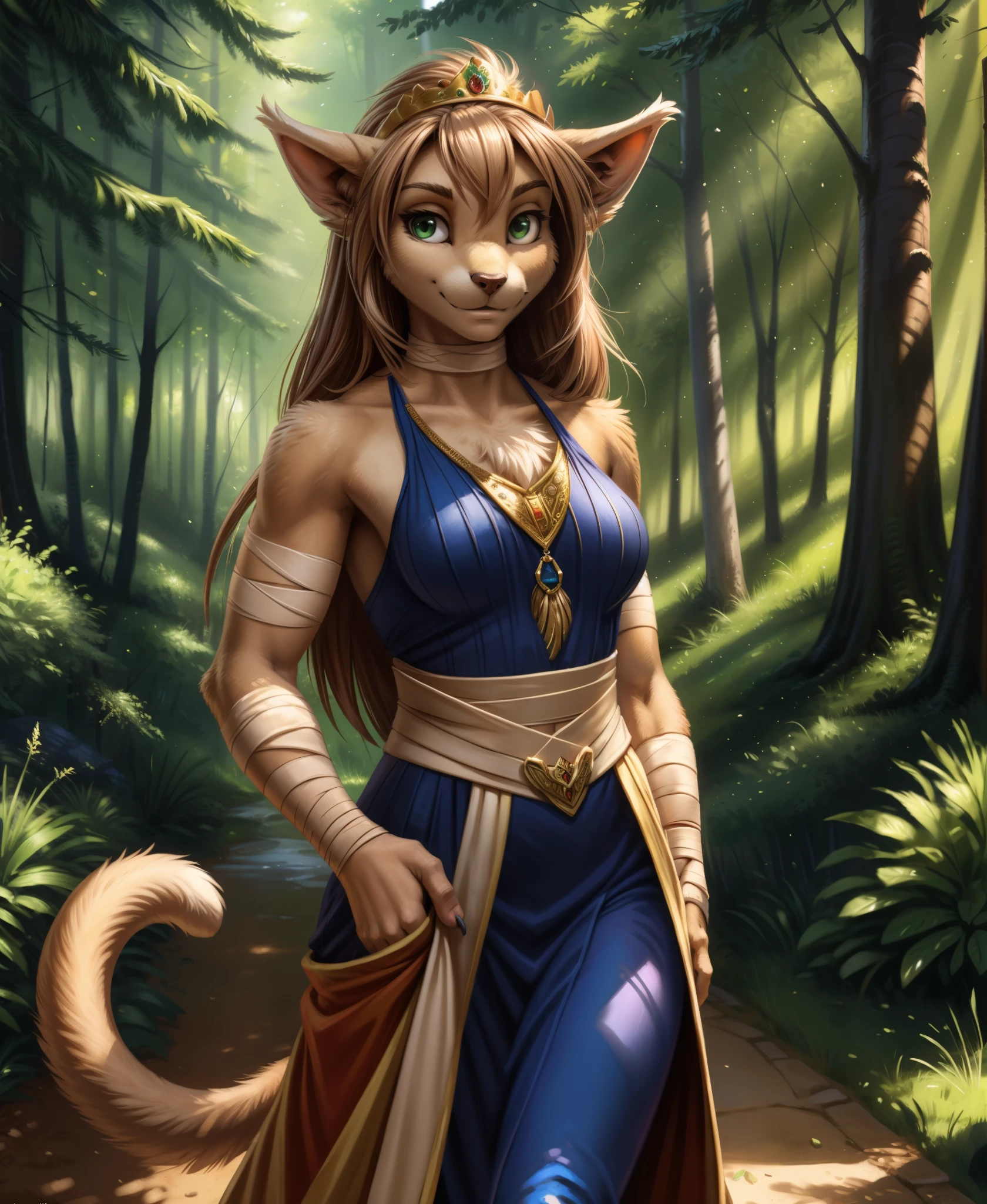 by kenket, by totesfleisch8, (by thebigslick, by silverfox5213:0.8), (by syuro:0.2),, king-adelaide, twokids, (best quality, masterpiece:1), solo, furry female anthro, green eyes, arm wraps, long hair, light brown hair, portrait, fingers, finger claws, looking at viewer, feline tail, strong, muscular, crown, (outdoors dark forest trees blurry blurred background:1.1),