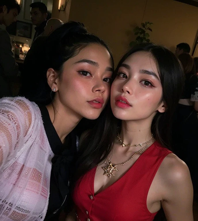Two women posing for a photo in a room with a crowd., Ambos tienen los labios rojos, Blackpink Jennie, con hiedra, foto de perfil, muy, muy baja calidad picture, suave en _ Los antecedentes, they are close to each other, JIA, Parece una mezcla de grimes, Jossi de Blackpink, muy, muy baja calidad, con neblina roja, Gemma Chen
