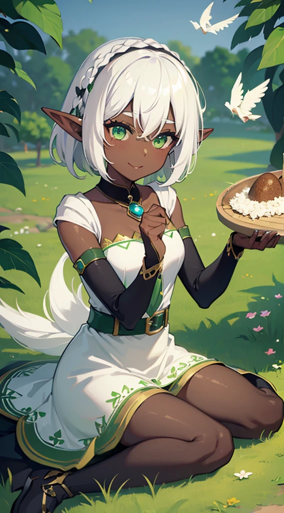 ((Dark Skin)),((Elf Woman)),((White Hair)),((Green Eyes)), ((Princess dress)),((Cheerful))