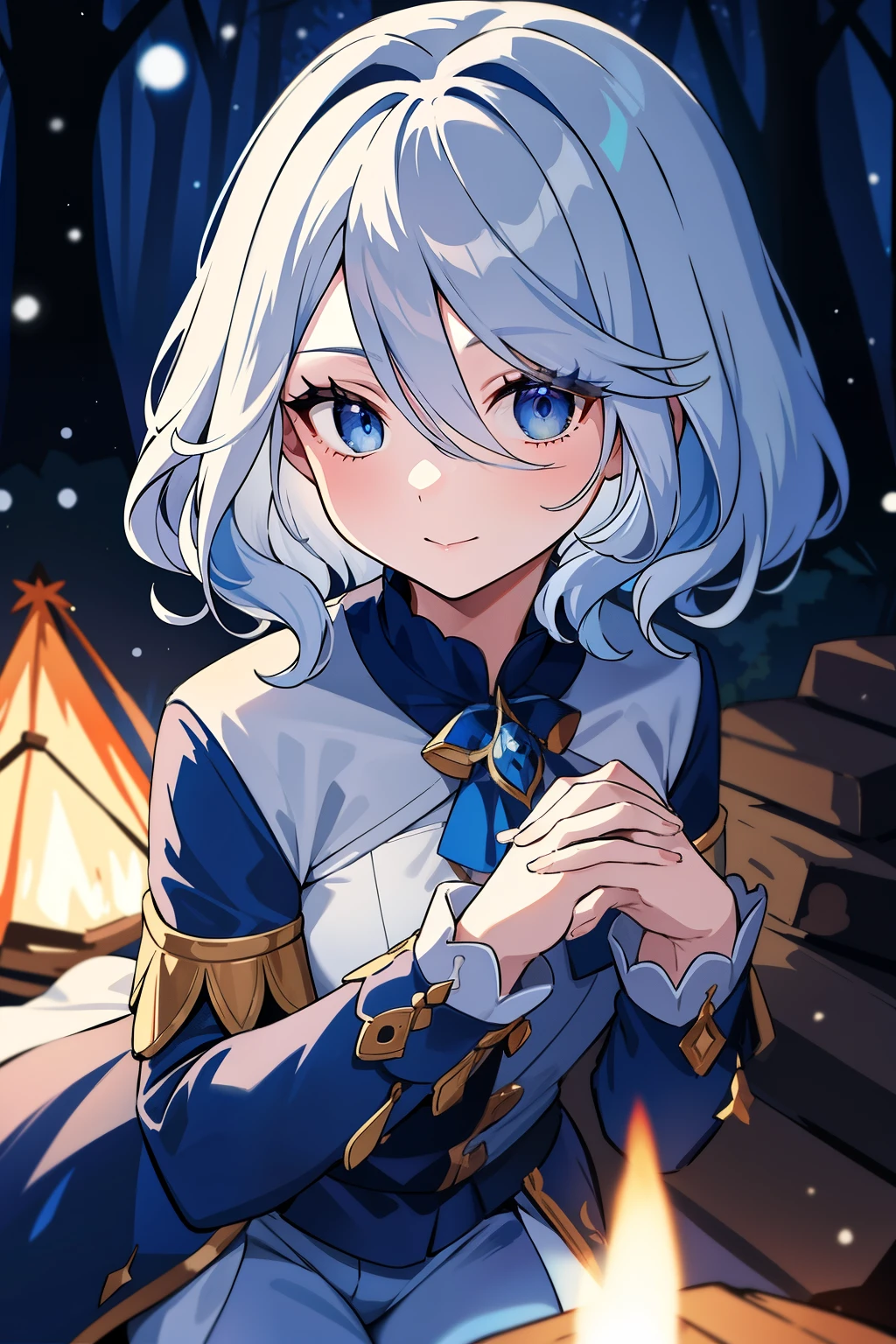 furina, A girl with white hair, blue adventurer christmas outfit, in the woods, holding her hands near the campfire, looking at viewer across