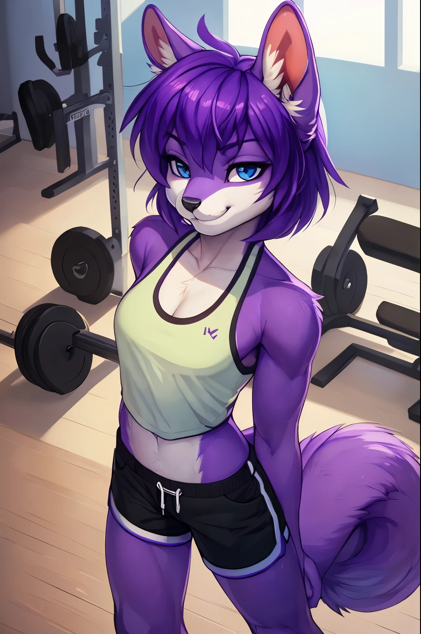 Kaori, [Uploaded to e621.net; (Pixelsketcher), (wamudraws)], ((masterpiece)), ((solo portrait)), ((furry; anthro)), ((detailed fur)), ((detailed shading)), ((beautiful 2D art)), {anthro; (purple fur, black nose), squirrel tail, squirrel ears,cute blue eyes,  purple hair}, {(Gym clothes), small boobs,, indoors, inside a spacious gym with gym equipment in the background, flexing, smirk, grin, skinny petite body