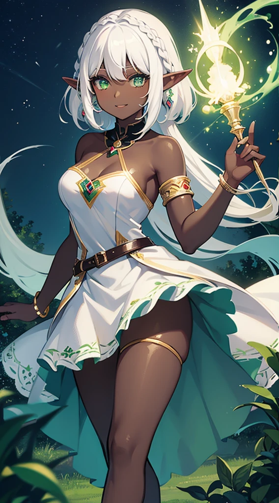 (((Elf Woman))),((Dark Skin)),((White Hair)),((Green Eyes)), ((sexy body)), ((Evening dress))