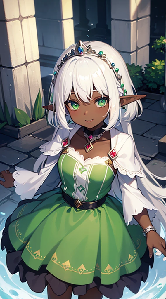 ((Dark Skin)),((Elf Woman)),((White Hair)),((Green Eyes)), ((Princess dress)),((Cheerful))