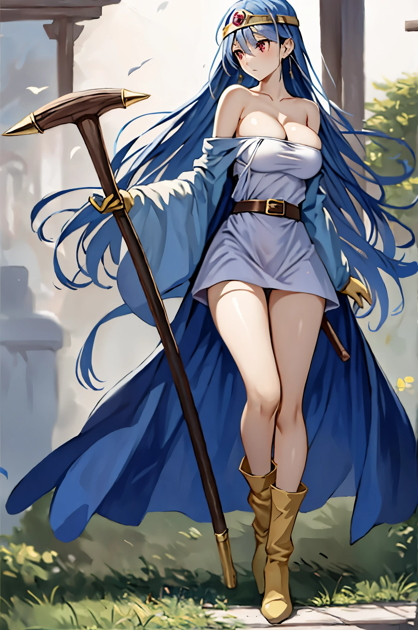 masutepiece, Best Quality, Ultra-detailed, Illustration, sage_(DQ3), 1girl in, (holding A staff, A staff:1.3), Solo, Long hair, Blue hair, circlet, Red Eyes, Normal udder, yellow gloves, White Dress, Belt bag, Cape, long boots, cleavage, Bare shoulders, Underwear, Standing, Full body, tussock, wind lift, Background, white Background