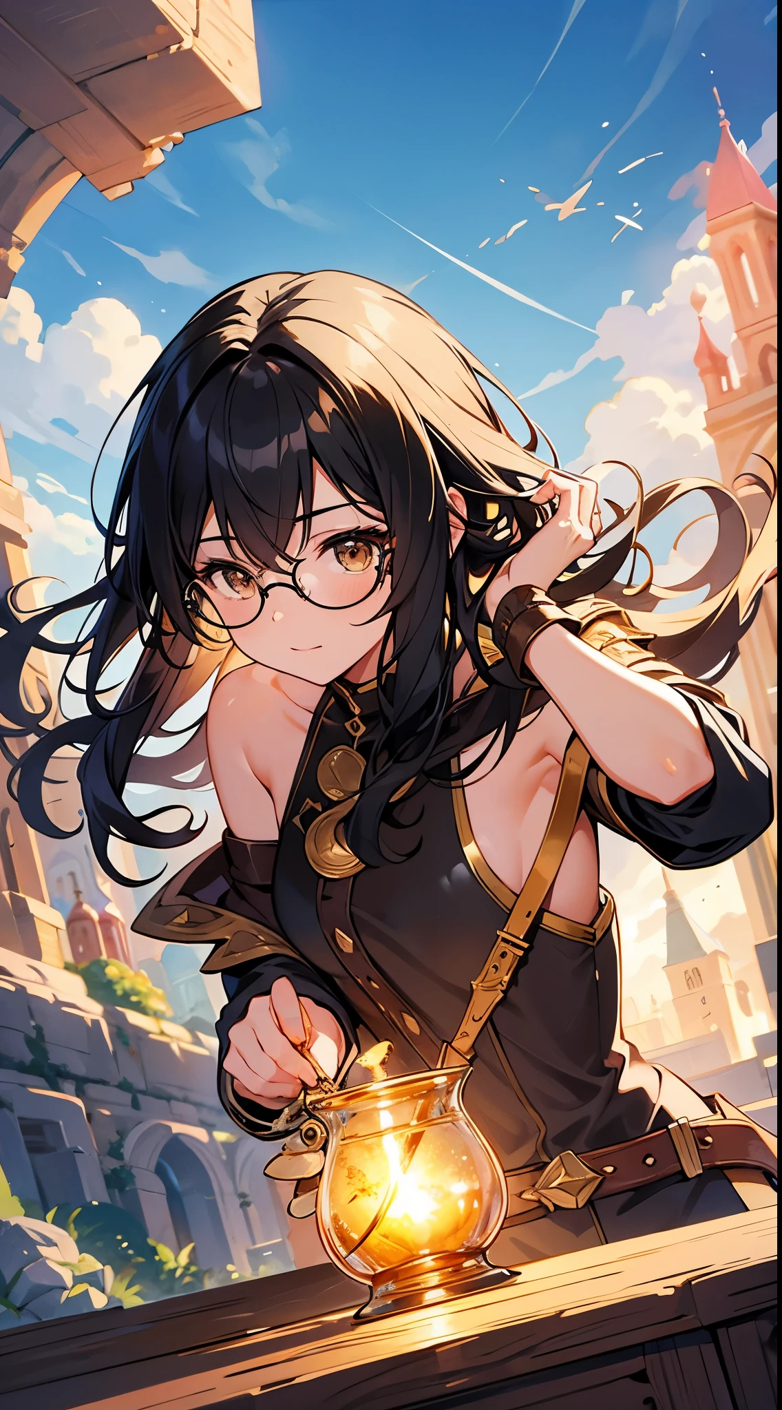 [[[ ultra-detailed, best quality, soft skin, beautiful, 4K]]], brown eyes, black hair, shoulder length hair, flowing hair, potions, adventurer clothes, spectacles, inn backdrop, dynamic angle