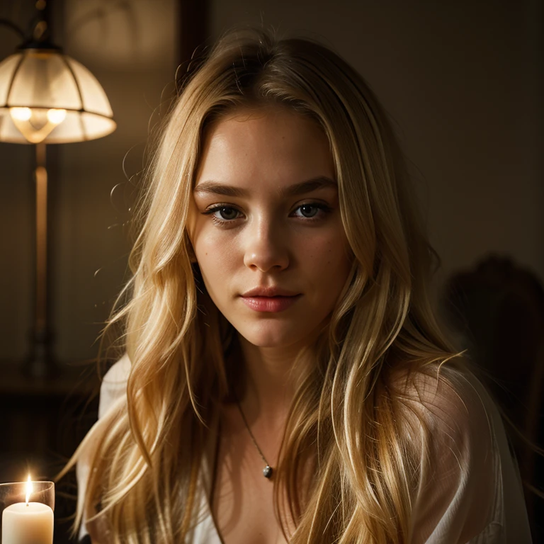 beautiful young girl, long blonde hair, looking at viewer, photorealism dining by candlelight, glass of wine on the table, hidden hands