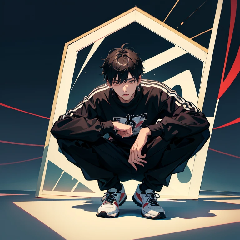 1 Korean young men，male people，20yr old，tall，Height 180 cm，Hair is medium length，Black sweatshirt，black long pants，White high top basketball shoes，Squat，Point to shoeadass anime 4k ，POV perspective，arrogant，Cold，looks into camera