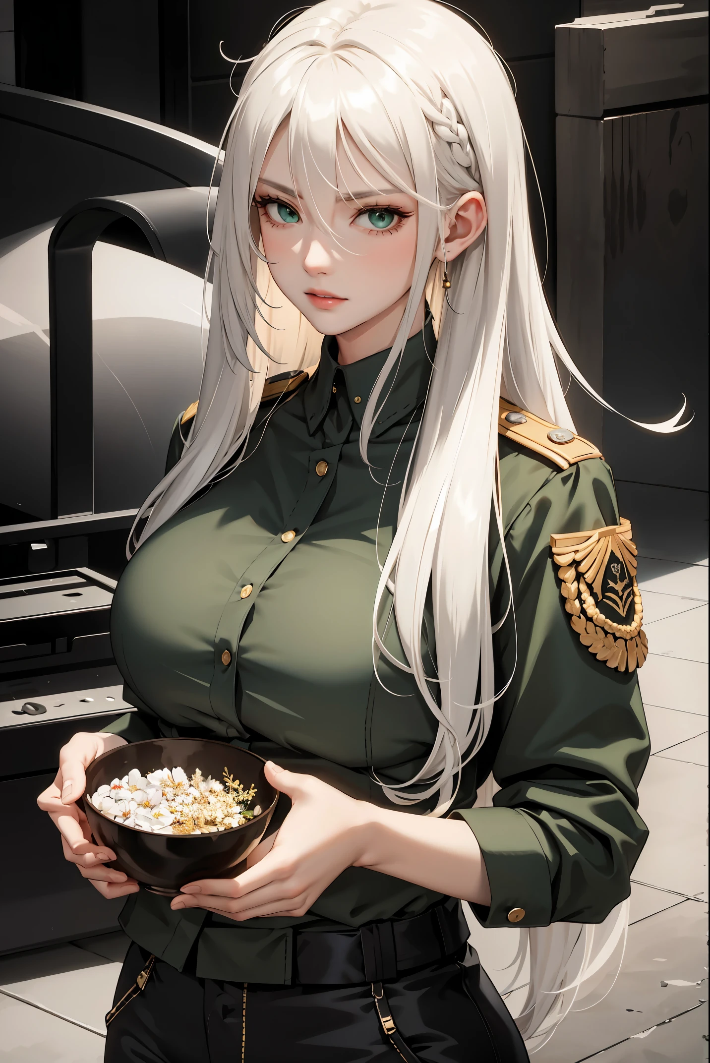 (masterpiece:1.2, best quality), (real picture, intricate details), 1lady, solo, upper body, long hair, minimal makeup, detailed face, serious, really long light platinum blonde hair, bangs, hair between eyes, green eyes, big plump breasts, big ass, big tits, clothes, military clothing, military, serious, war setting, military clothes, military pants, beautiful soldier girl