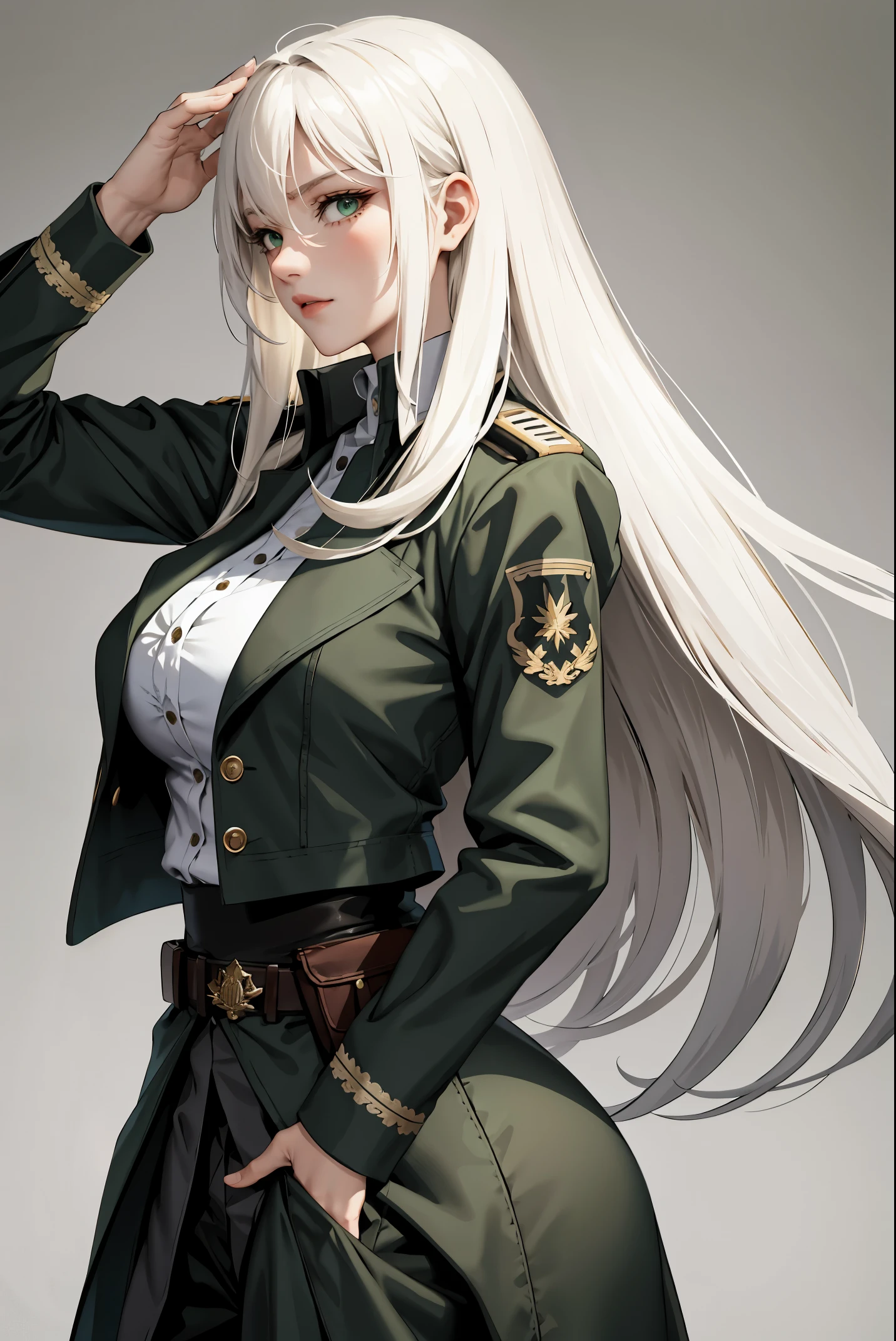 (masterpiece:1.2, best quality), (real picture, intricate details), 1lady, solo, upper body, long hair, minimal makeup, detailed face, serious, really long light platinum blonde hair, bangs, hair between eyes, green eyes, big plump breasts, big ass, big tits, clothes, military clothing, military, serious, war setting, military clothes, military pants, beautiful soldier girl
