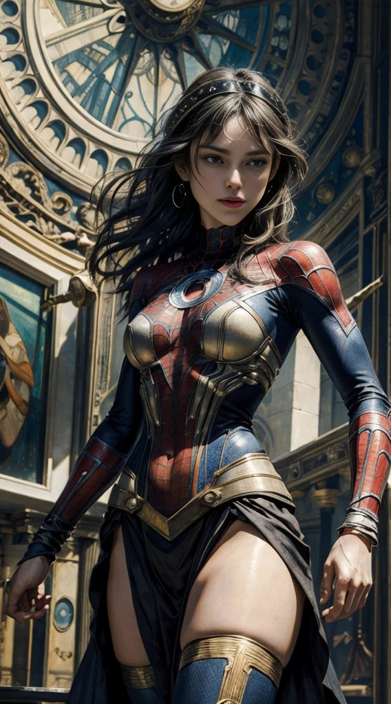 Jennifer Garner、Sticking out the navel、newyork、She wears a torn Spider-Man suit,wearing a skirt、abstract photorealistic、artistic、Alphonse Mucha's painting(masterpiece、highest quality、High resolution:1.4)、detailed、複雑なdetailed、In 4K、color splash、line drawing、fibonacci、