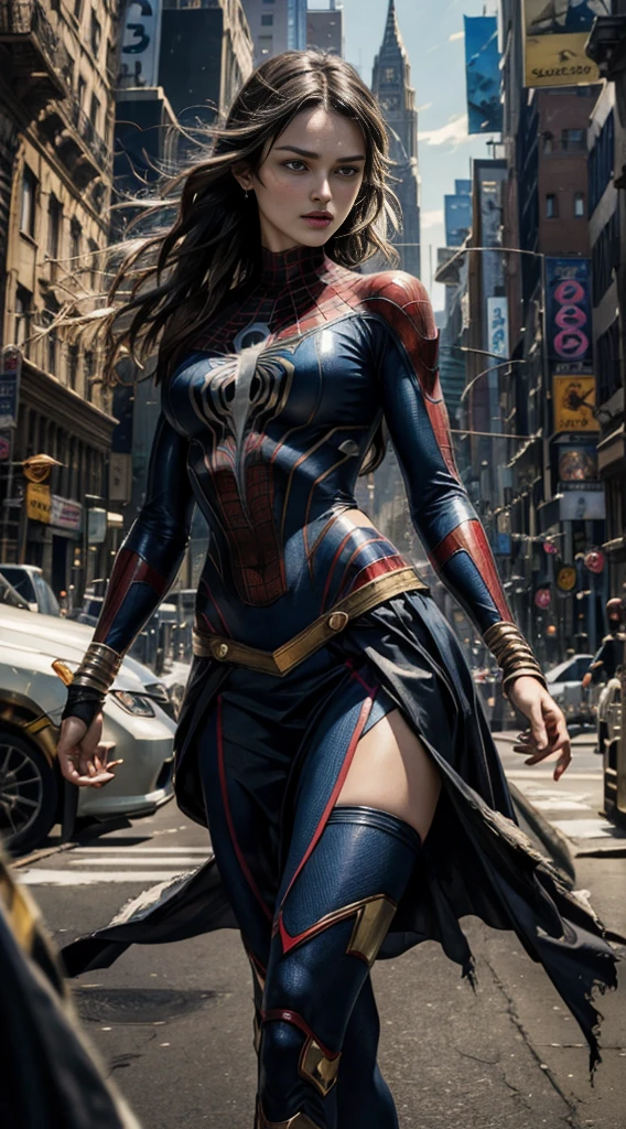 keira knightley、Sticking out the navel、newyork、She wears a torn Spider-Man suit,wearing skirt、abstract photorealistic、artistic、Alphonse Mucha's painting(masterpiece、top-quality、hight resolution:1.4)、detaileds、複雑なdetaileds、4K、color splashes、line-drawing、Fibonacci、