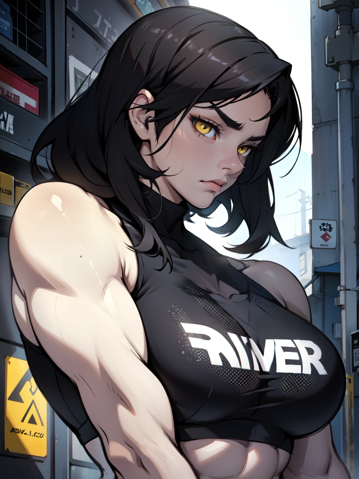 sad girl muscular girl sad girl muscular girl black hair yellow eyes pale skin