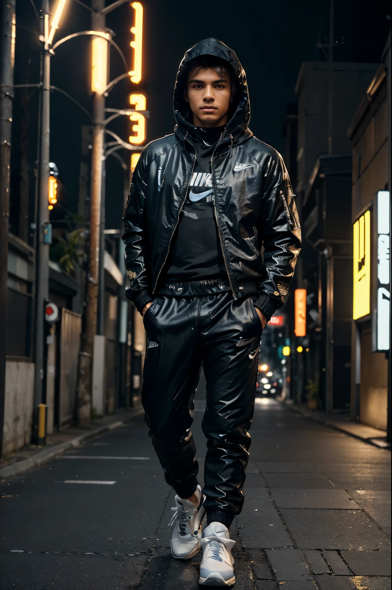 Ultra-realistic 4K image with cinematic color tone and resolution in 2:1 ; street with LED lighting in a photograph of a young Brazilian man with details on his face riding a futuristic golden Yamaha XT660 motorcycle)) ((the young man is wearing futuristic Nike sneakers and a set of pants and a long-sleeved jacket and Nike hood, Estilo Hip hop)