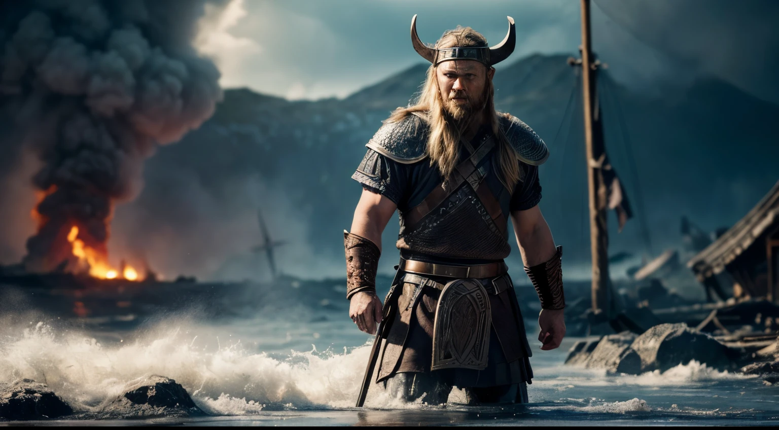 ((detailed viking fighting )), wearing runes armor, ragnark, destroyed city after nuclear blast flodded with ((black water:1.2)), post apocalyptic, warzone, fire , smoke BREAK (masterpiece, best quality, ultra realistic, 4k, 2k, (intricate, high detail:1.2), film photography, soft focus, RAW photo, photorealistic, analog style, subsurface scattering, photorealism, absurd res)