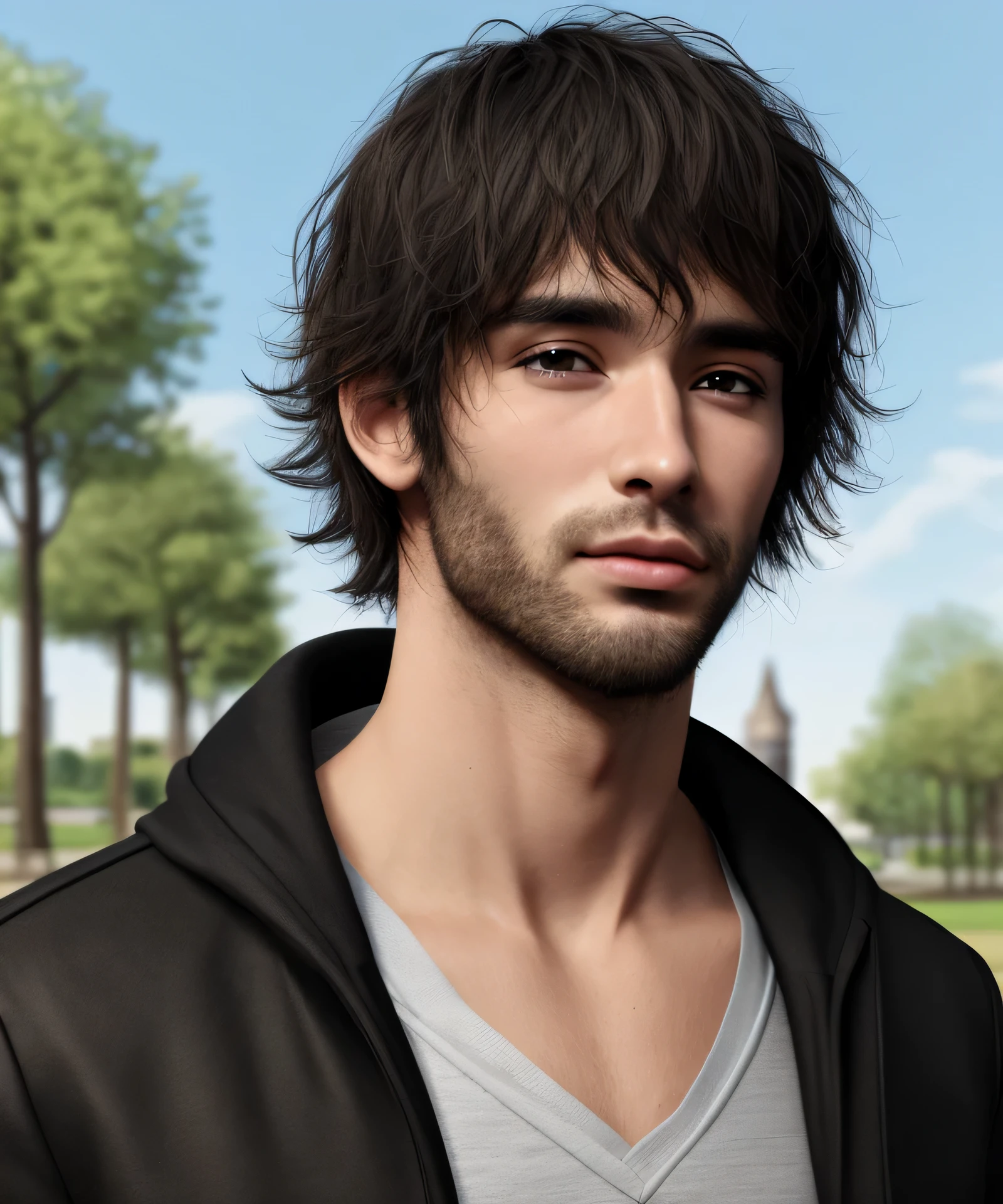 1male people, masutepiece, A hyper-realistic, Park background, Carlos Oliveira, Portrait, Black shaggy hair