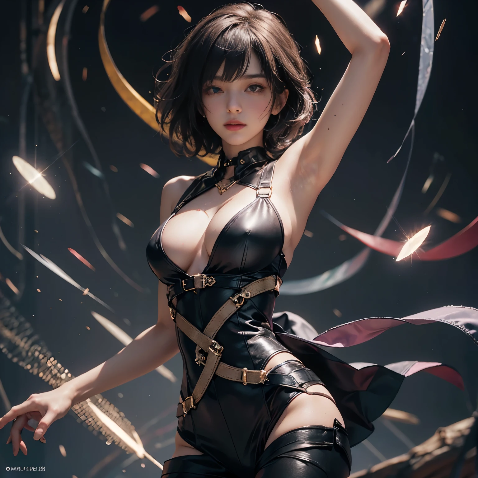 ((Raw photography,top-quality,hight resolution,Ray tracing,nffsw,Best Quality,Post-processing,portlate.3D,PureErosFace_V1:0.7,),(( Shiny dark purple leather bondage costume,golden luxury embroidery,Dark purple BDSM,mistress,Bold figure,tight skirts,)))((((short hair hair,Emphasize cleavage,huge tit:4.0,Thin leg,Otto&#39;s eye,Elaborate depiction of limbs,a small nose,Have a perfect body,sleeveless,)))),((tthin eyebrows,long eyelashes,smil,二重まぶた,Vibrant eyes，looking down on viewers,red lipsticks,)),Create beautiful light effects on the background,Light Particle Filter,(finerly detailed face:1.3),chies