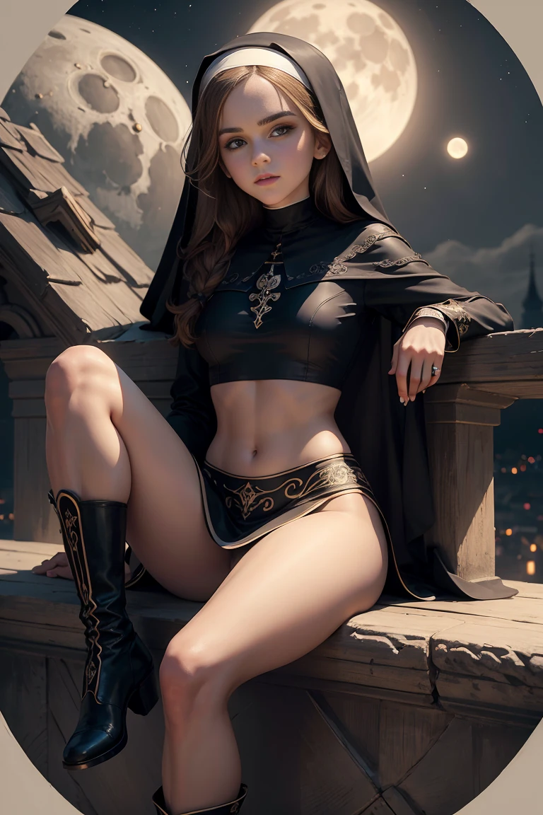masterpiece. beautiful emma watson dressed as a nun. Detailed tight costume. crop top. Defined body. Slender. Small breasts. background moon. night. long hair. sitting on a wall that has intricate carvings and jewels. boots. from above.