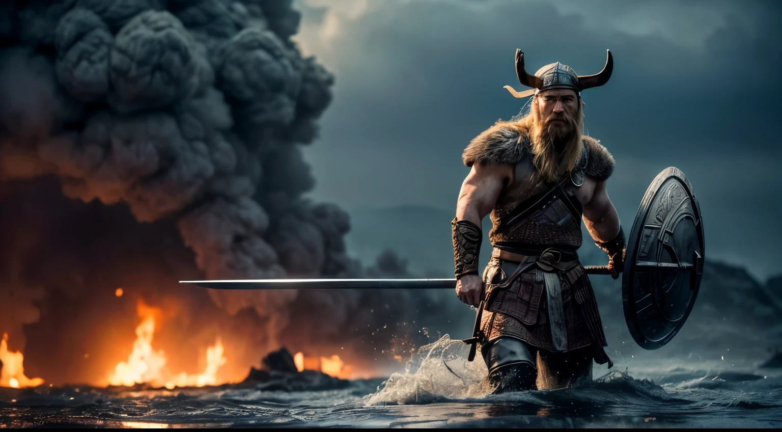 ((detailed viking fighting )), wearing runes armor, ragnark, destroyed city after nuclear blast flodded with ((black water:1.2)), post apocalyptic, warzone, fire , smoke BREAK (masterpiece, best quality, ultra realistic, 4k, 2k, (intricate, high detail:1.2), film photography, soft focus, RAW photo, photorealistic, analog style, subsurface scattering, photorealism, absurd res)