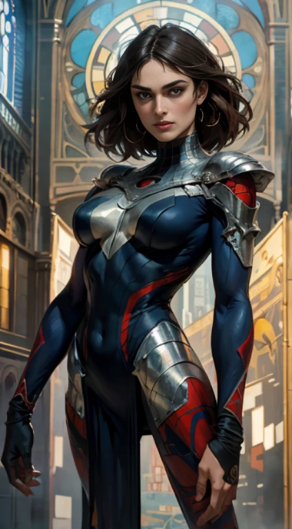 keira knightley、Sticking out the navel、newyork、She wears a torn Spider-Man suit,wearing skirt、abstract photorealistic、artistic、Alphonse Mucha's painting(masterpiece、top-quality、hight resolution:1.4)、detaileds、複雑なdetaileds、4K、color splashes、line-drawing、Fibonacci、