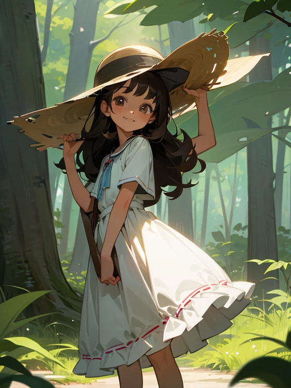 1 girl, solo, dark hair, long hair, 8 years old, child, summer clothes, hat, wearing hat, pretty girl, smiling, (background in forest)