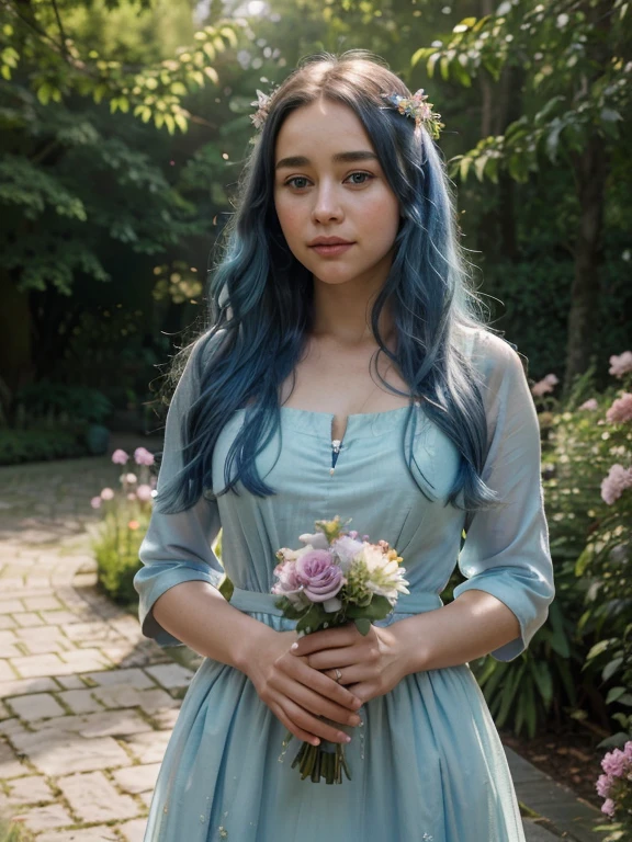 (emilia clarke-like facial features,blue-haired,21 years old woman),(best quality,4k,8k,highres,masterpiece:1.2),ultra-detailed,(realistic,photorealistic,photo-realistic:1.37),long wavy hair,piercing blue eyes,rosy cheeks,soft skin,beautiful detailed eyes,beautiful detailed lips,sparkling eyes,lovely smile,dainty hands,dressed in a flowing gown with intricate patterns,standing in a lush garden surrounded by colorful flowers and tall trees,the sunlight casting a warm glow on her face,feeling carefree and confident,breezy atmosphere,peaceful surroundings,butterflies flying around her,her blue hair gently swaying in the wind,holding a delicate bouquet of wildflowers,graceful posture,petals falling like confetti,harmonious color palette with vibrant and pastel tones,hint of dreamy atmosphere,soft sunbeams illuminating the scene,lens flare effect,subtle bokeh effect in the background,lively and enchanting setting,romantic and ethereal vibe,landscape painting style,subtle brushstrokes depicting the details,impressionistic touch enhancing the overall beauty,impeccable lighting adding depth and dimension,creating a mesmerizing image that captures her youthful spirit and natural charm