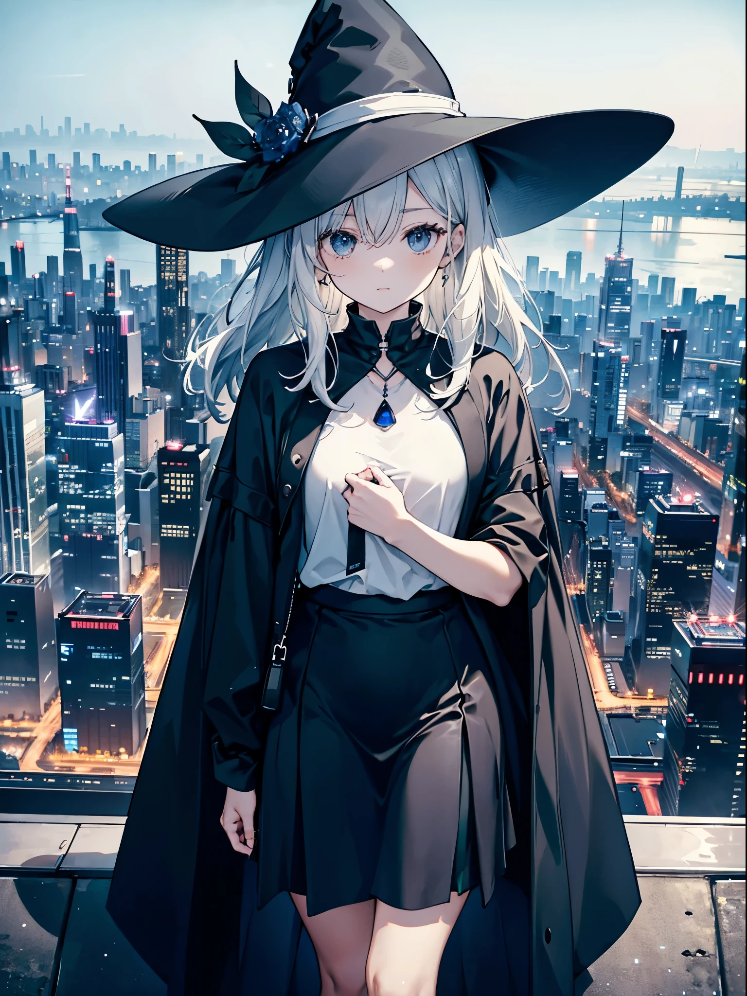 This is the rooftop of the tallest building in Tokyo.、You can look down on the city buildings from here.、It's night now、Woman wearing a large black witch hat with sapphire accessories、wearing a long black coat、I am wearing a white T-shirt that is so short that my belly button is visible.、She is wearing a long flowing ivory ankle-length skirt.、black running shoes with white laces、Short dark blue loose lob hair、small tits、