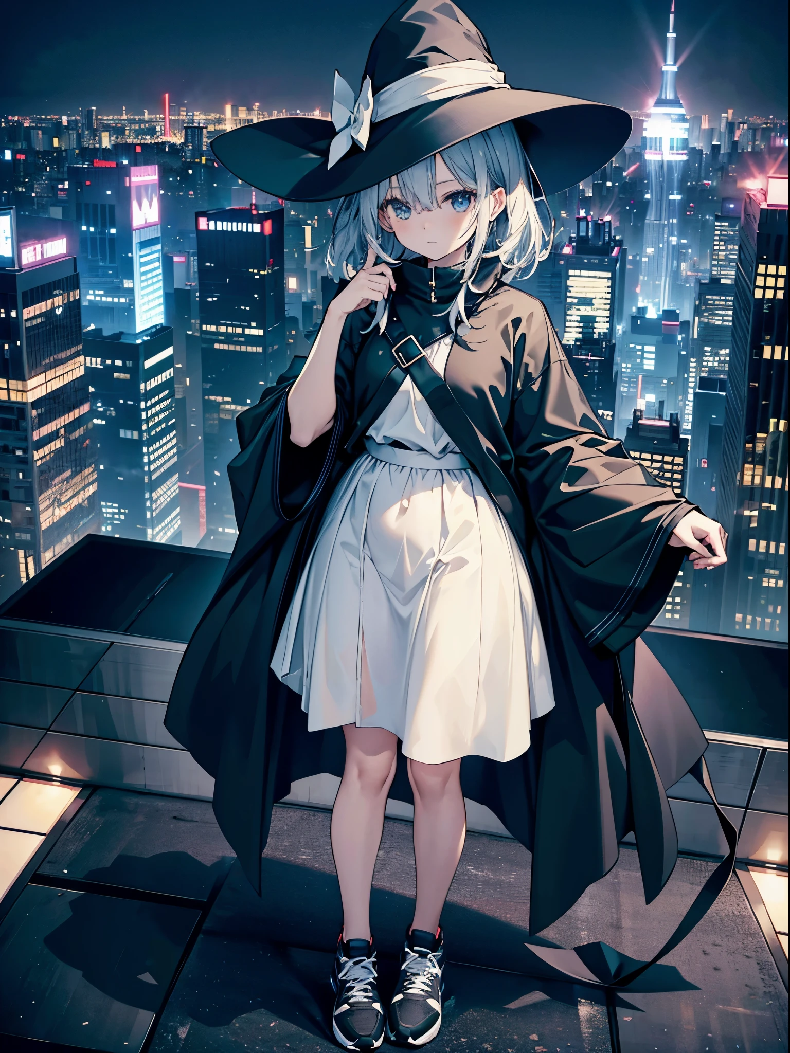 This is the rooftop of the tallest building in Tokyo.、You can look down on the city buildings from here.、It's night now、Woman wearing a large black witch hat with sapphire accessories、wearing a long black coat、I am wearing a white T-shirt that is so short that my belly button is visible.、She is wearing a long flowing ivory ankle-length skirt.、black running shoes with white laces、Short dark blue loose lob hair、small tits、