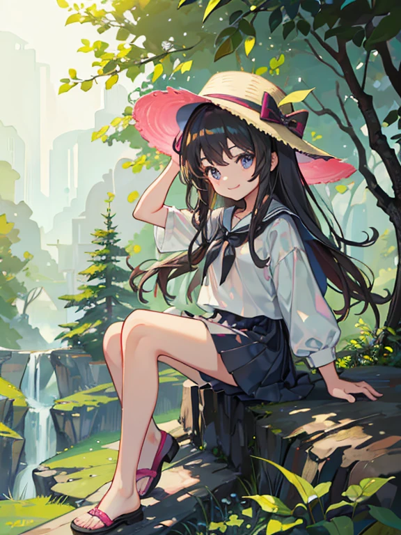 1 girl, solo, dark hair, long hair, 8 , child, suclothes, hat, wearing hat, pretty girl, smiling, (background in forest)