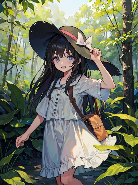 1 girl, solo, dark hair, long hair, ***********, child, summer clothes, hat, wearing hat, pretty girl, smiling, (background in forest)