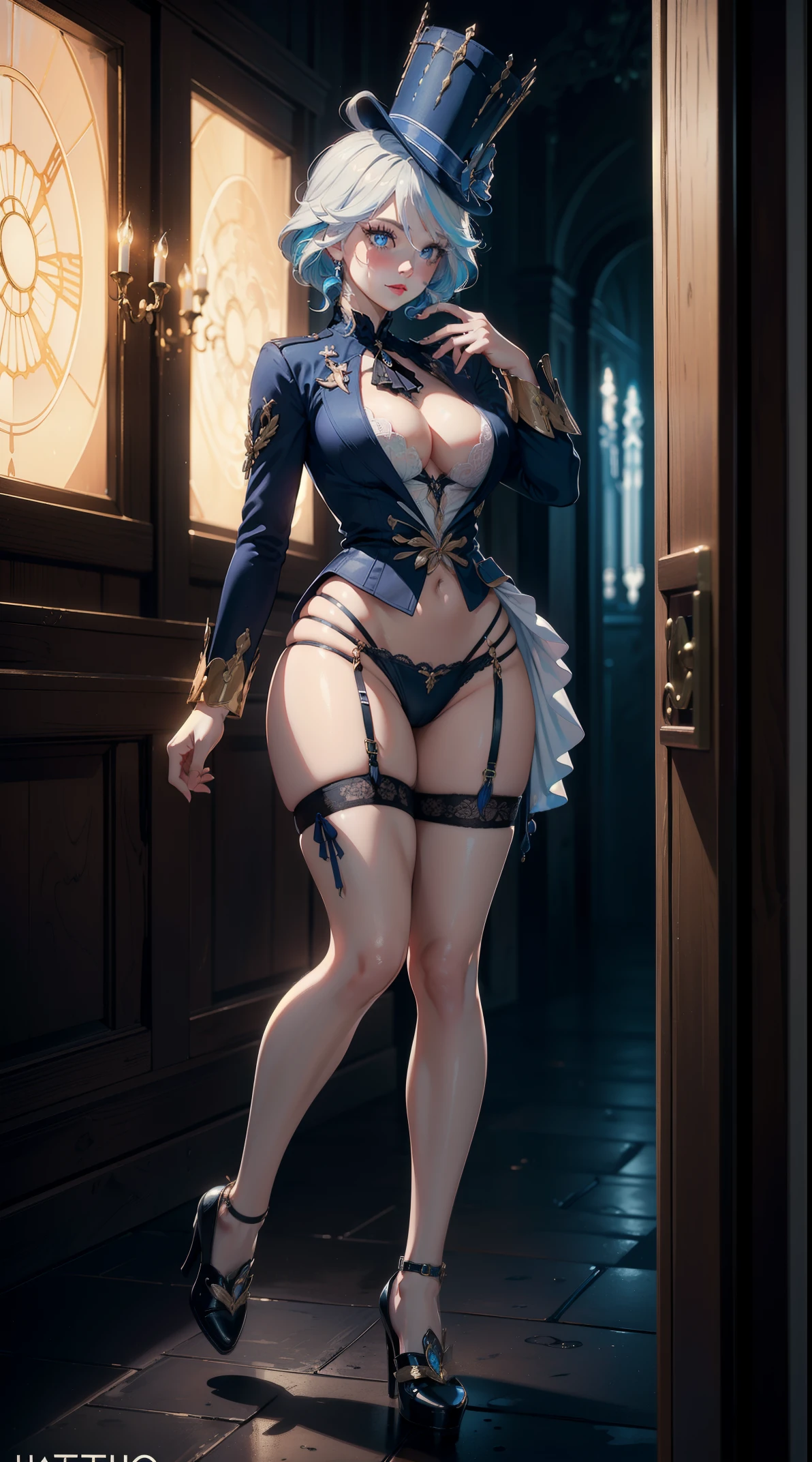 ((masterpiece)),(bestquality),((ultra-detailed)), ((beautiful detailed sky)), ((cinematic lighting)), depth of field,detailed lighting,((beautiful detailed eyes)), red lip, (full body), standing, smile,eyeshadow,large breast, cleavage,((sexy)), ((furinadef))