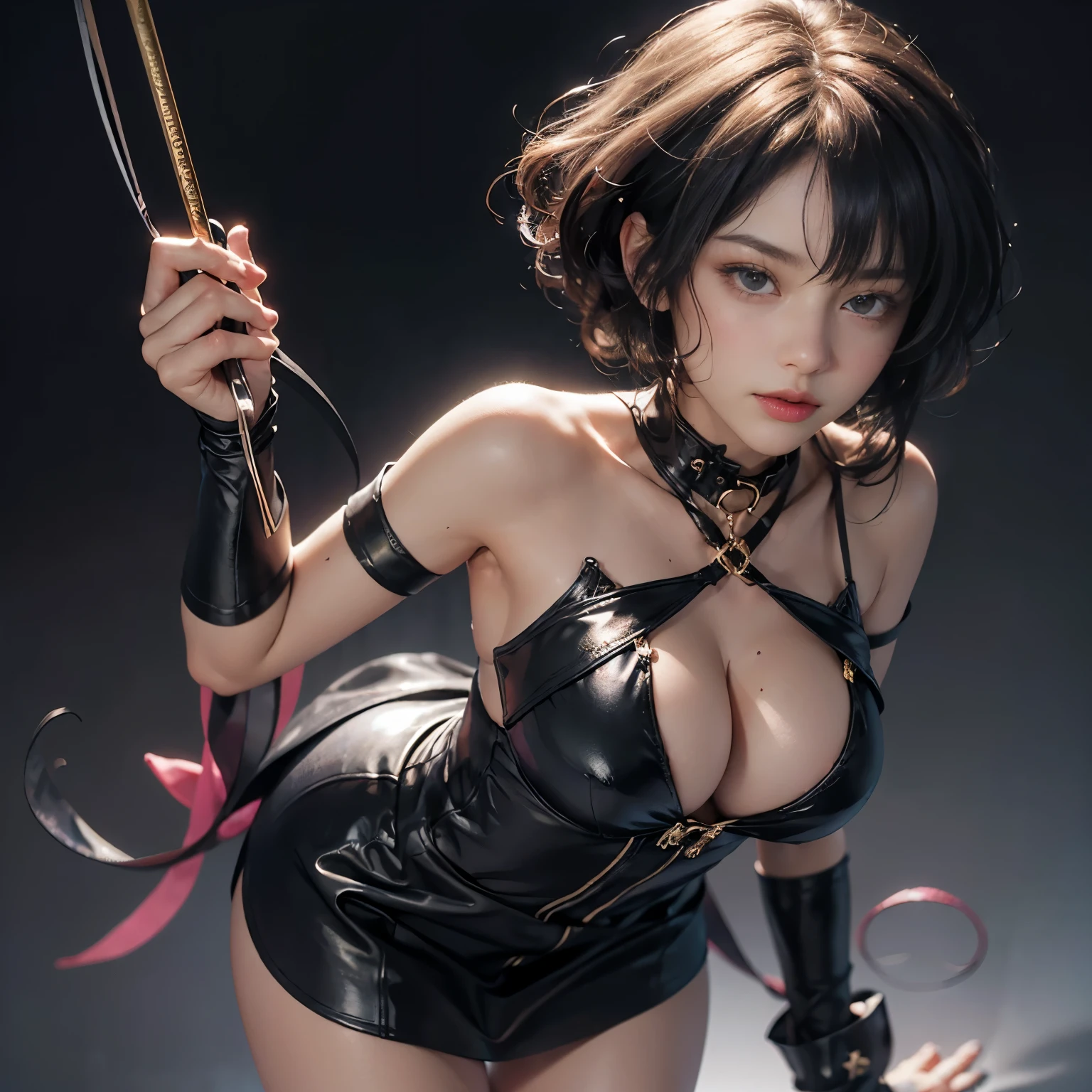 ((Raw photography,top-quality,hight resolution,Ray tracing,nffsw,Best Quality,Post-processing,portlate.3D,PureErosFace_V1:0.7,),(( Shiny dark purple leather bondage costume,golden luxury embroidery,Dark purple BDSM,mistress,Bold figure,tight skirts,)))((((short hair hair,Emphasize cleavage,huge tit:4.0,Thin leg,Otto's eye,Elaborate depiction of limbs,a small nose,Have a perfect body,sleeveless,)))),((tthin eyebrows,long eyelashes,smil,二重まぶた,Vibrant eyes,looking down on viewers,red lipsticks,)),Create beautiful light effects on the background,Light Particle Filter,(finerly detailed face:1.3),chies