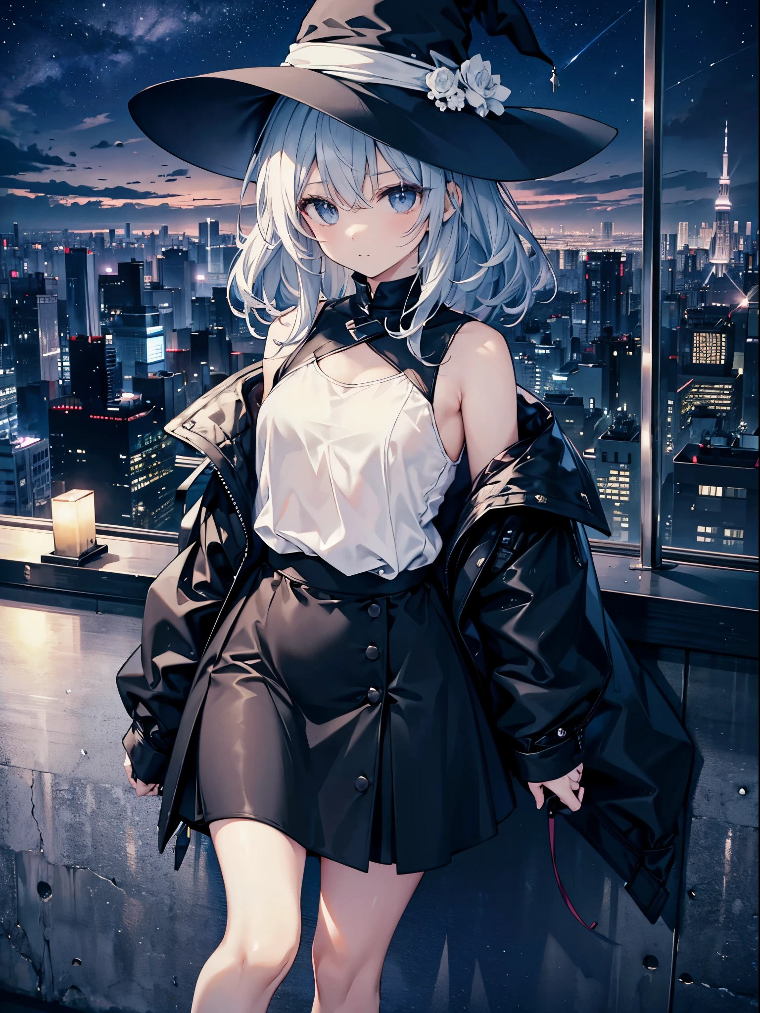 This is the rooftop of the tallest building in Tokyo.、You can look down on the city buildings from here.、It's night now、Woman wearing a large black witch hat with sapphire accessories、wearing a long black coat、I am wearing a white T-shirt that is so short that my belly button is visible.、She is wearing a long flowing ivory ankle-length skirt.、black running shoes with white laces、Short dark blue loose lob hair、small tits、