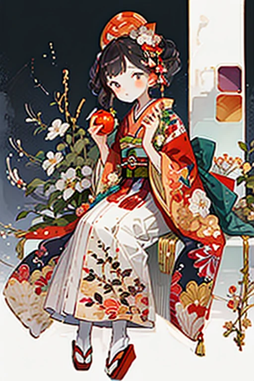 hard disk,1 mature female, Solo, fruit, Japanese dress, food, flower, Kimono, hairaccessories, apple, Holding food, Holding fruit, hair flower, red Kimono, Holding, with floral pattern, Black hair, blush, Wide sleeves, Sitting, Brown eyes, Belt bag, Long sleeves, Bangs, safflower, look at side, Bun, Belt bag, single Bun, look at the audience, print Kimono, Hands up, Short hair