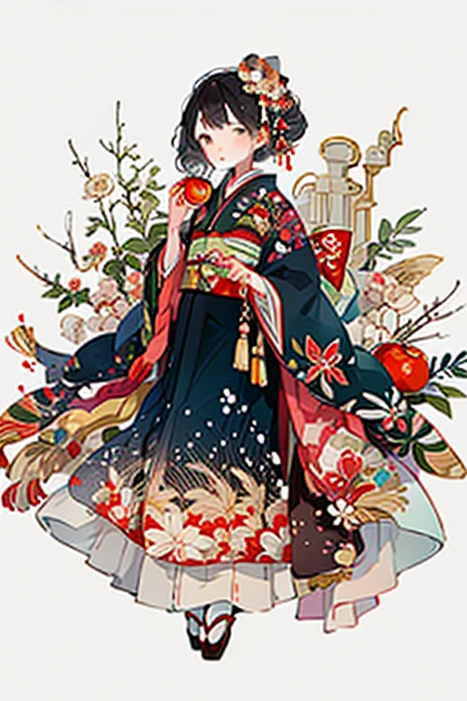 hard disk,1 mature female, Solo, fruit, Japanese dress, food, flower, Kimono, hairaccessories, apple, Holding food, Holding fruit, hair flower, red Kimono, Holding, with floral pattern, Black hair, blush, Wide sleeves, Sitting, Brown eyes, Belt bag, Long sleeves, Bangs, safflower, look at side, Bun, Belt bag, single Bun, look at the audience, print Kimono, Hands up, Short hair